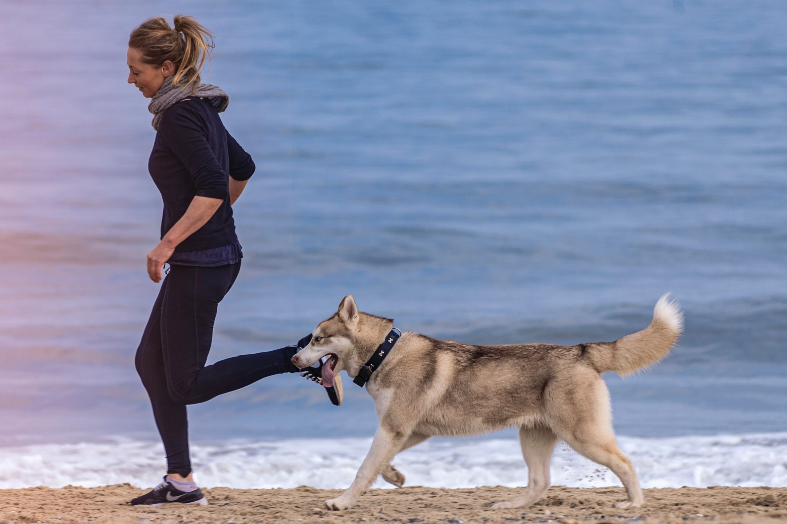 Une femme qui fait son footing sur la plage avec son chien