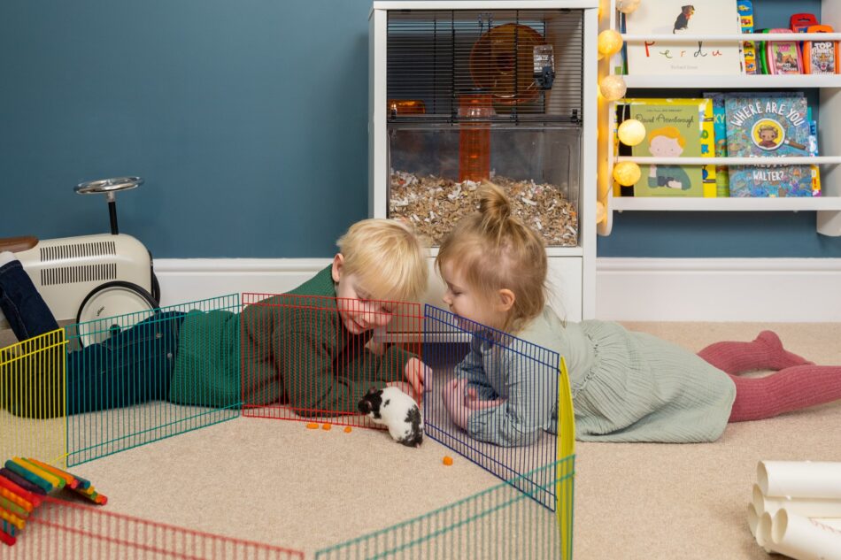 Deux enfants qui observent un hamster dans son parc de jeu, avec une cage Qute pour hamster derrière eux