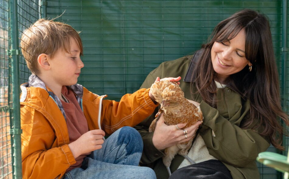 Une femme et un enfant qui caressent une poule assise dans un Grand Enclos Omlet