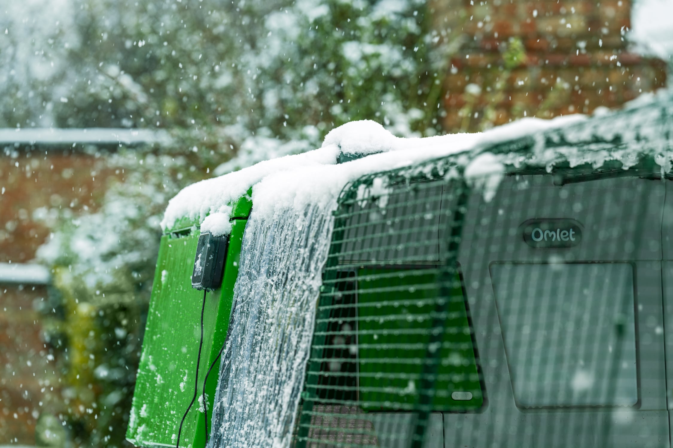 poulailler Eglu Pro dans la neige dans un jardin avec une bâche de protection pour enclos