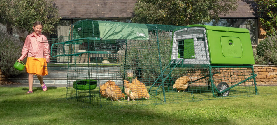 Fille et des poules dans un grand poulailler Eglu Cube Omlet