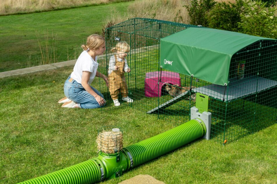 Une mère et un enfant avec des lapins de compagnie utilisant le système de tunnel Zippi d’Omlet avec des plateformes pour lapins d’Omlet 