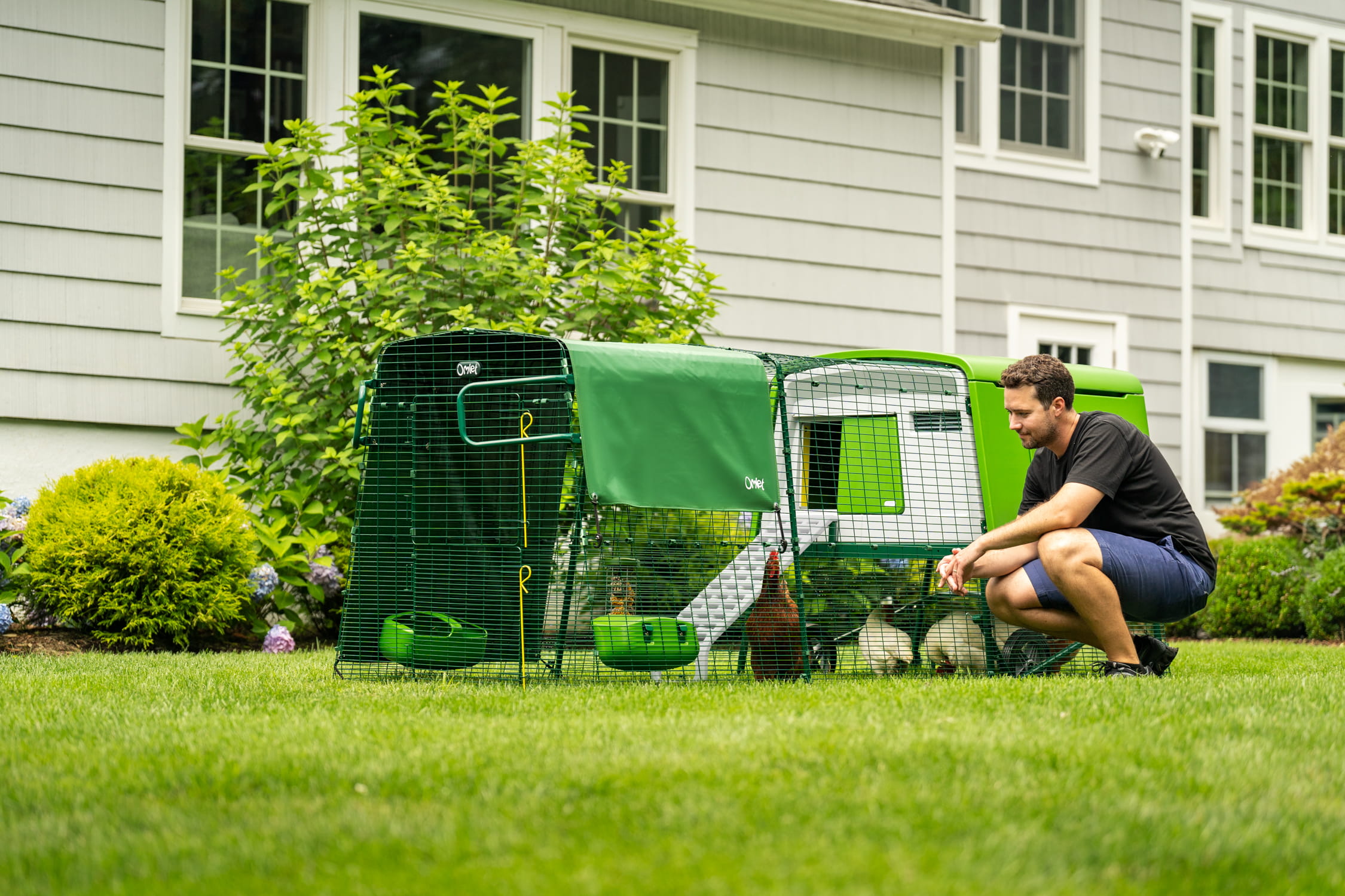 homme-agenouillé-à-côté-d-un-poulailler-Eglu-Cube-avec-enclos-devant-une-maison