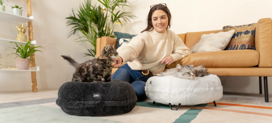 Femme qui caresse des chats dormant sur des paniers pour chats Maya Donut d’Omlet