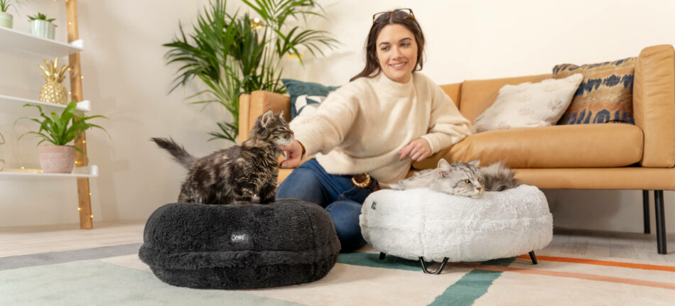 Femme qui caresse un chat qui dort sur un panier pour chat Maya Donut d’Omlet